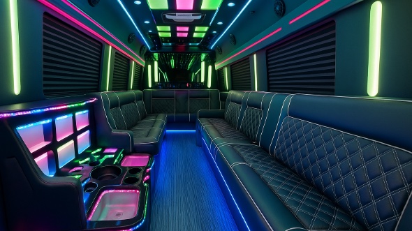 Interior of Rancho Cucamonga Party Bus Company's 30 Passenger Party Bus in Rancho Cucamonga